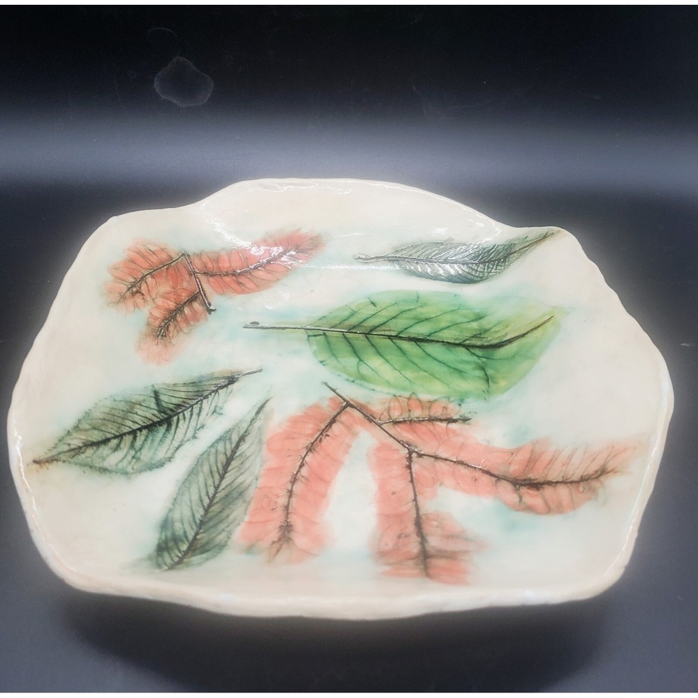 Handmade‎ Studio Art Pottery Ceramic Plate Tray Impressed Leaves 10" Signed
